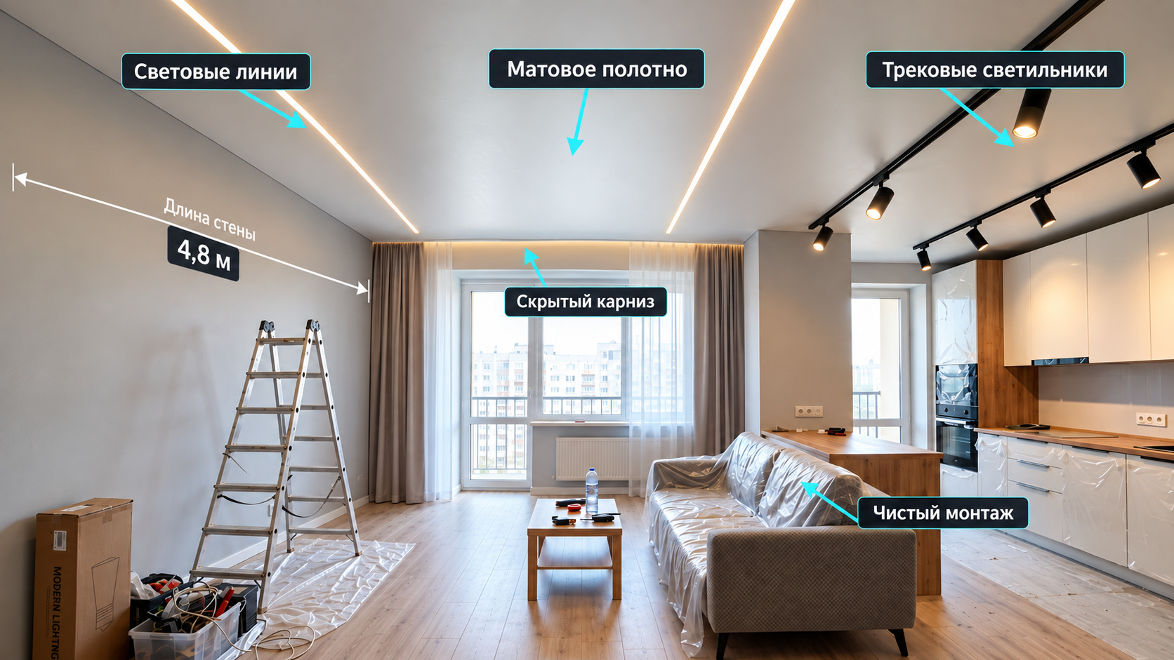 Что считает калькулятор: световые линии, матовое полотно, трековые светильники, скрытый карниз
